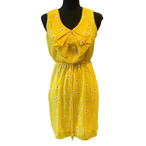 V-neck daisy print layered ruffle dress Small sleeveless garden yellow - Picture 2 of 6